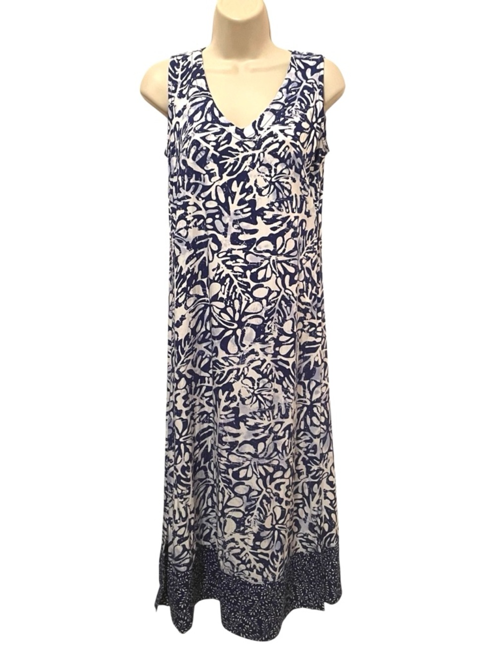 Blue Ginger Tank Maxi Dress V-Neck Tropical Blue and White Size Small Cute!